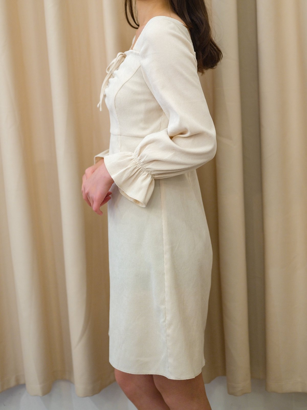 Corduroy Front Gathered Dress - DAG-DD8798-21CreamPuffS - Mochi Ivory - S - D'ZAGE Designs