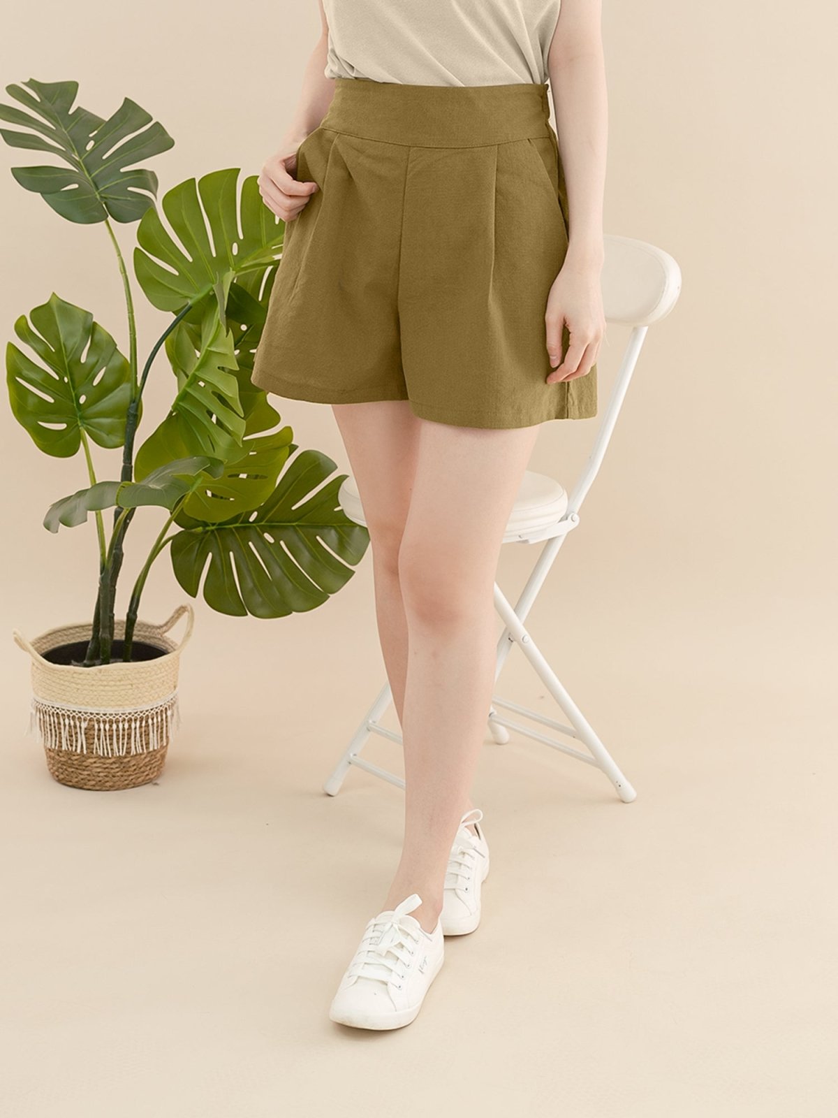 Pleated Cotton Linen Shorts Olive - DAG-KR9250-22OliveF - Matcha Green - F - D'ZAGE Designs