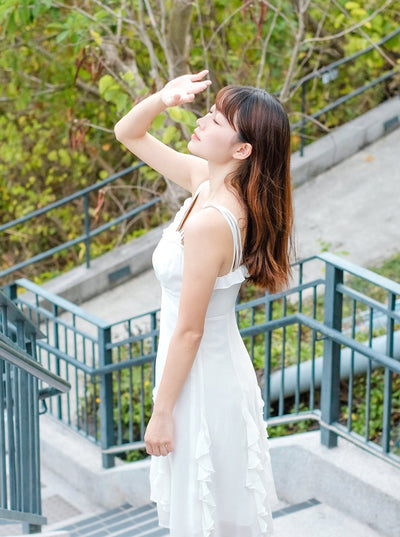 A-Line Ruffle Midi Dress - DAG-DD7839-21IvoryS - Marshmallow White - S - D'ZAGE Designs