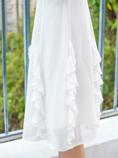 A-Line Ruffle Midi Dress - DAG-DD7839-21IvoryS - Marshmallow White - S - D'ZAGE Designs