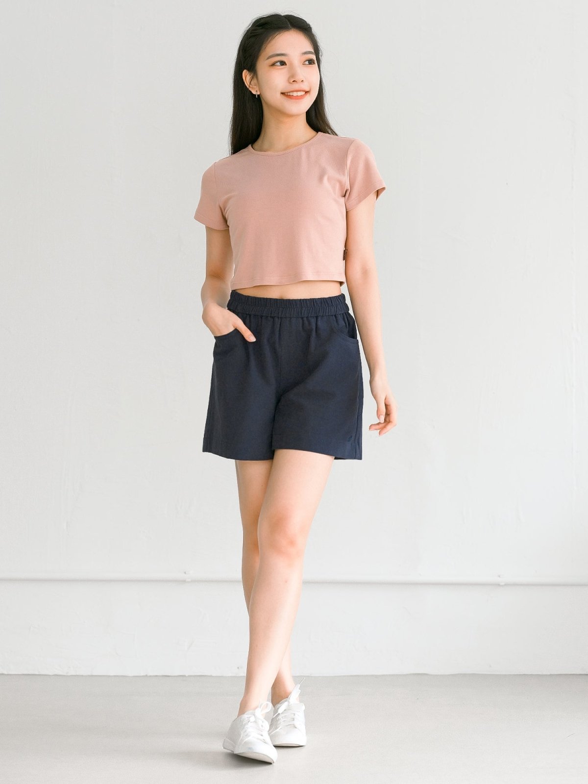 Hannah Elastic Cotton Shorts - DAG-G-220174BlueF - Navy Blue - F - D'ZAGE Designs