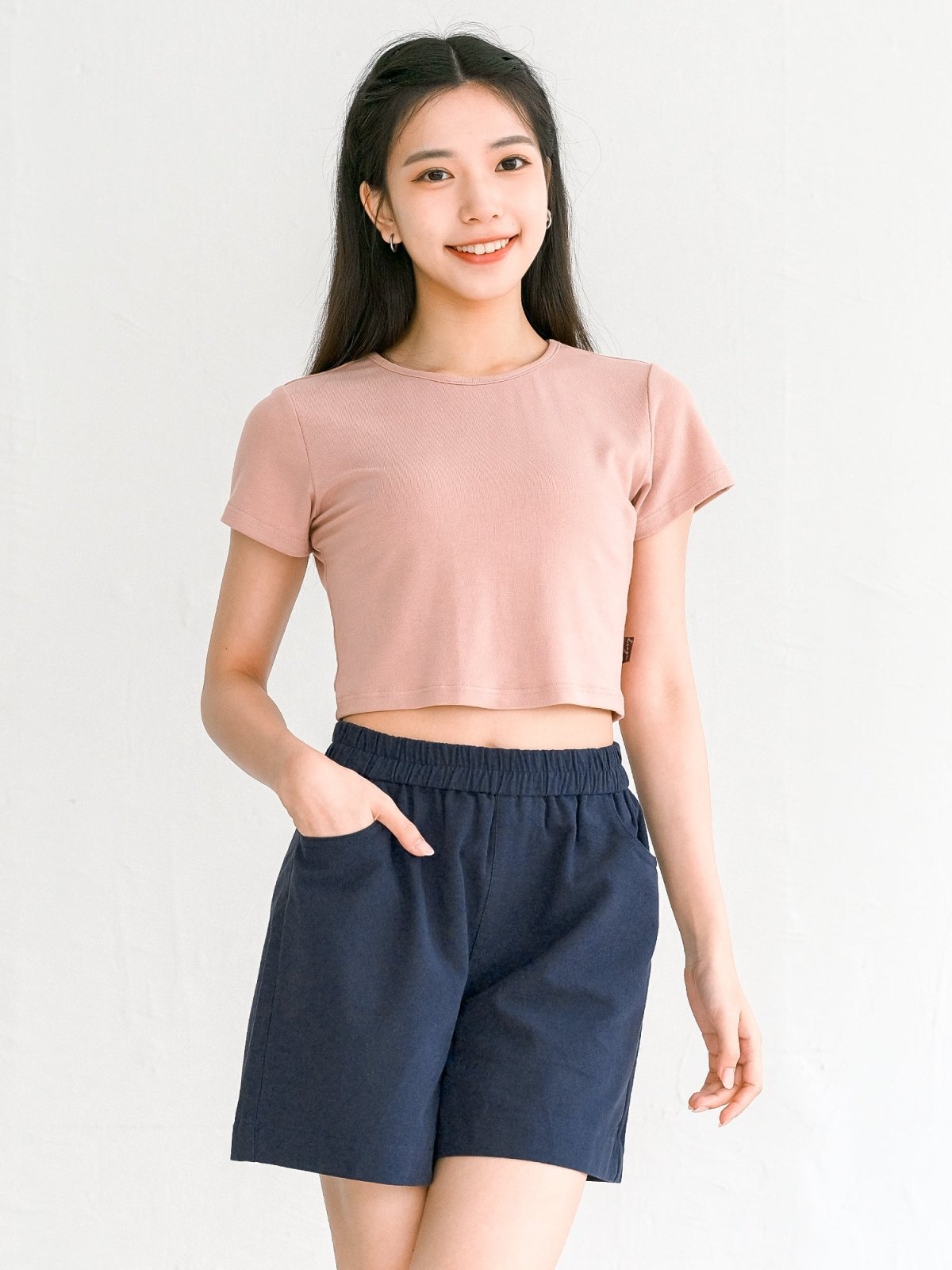 Hannah Elastic Cotton Shorts - DAG-G-220174BlueF - Navy Blue - F - D'ZAGE Designs
