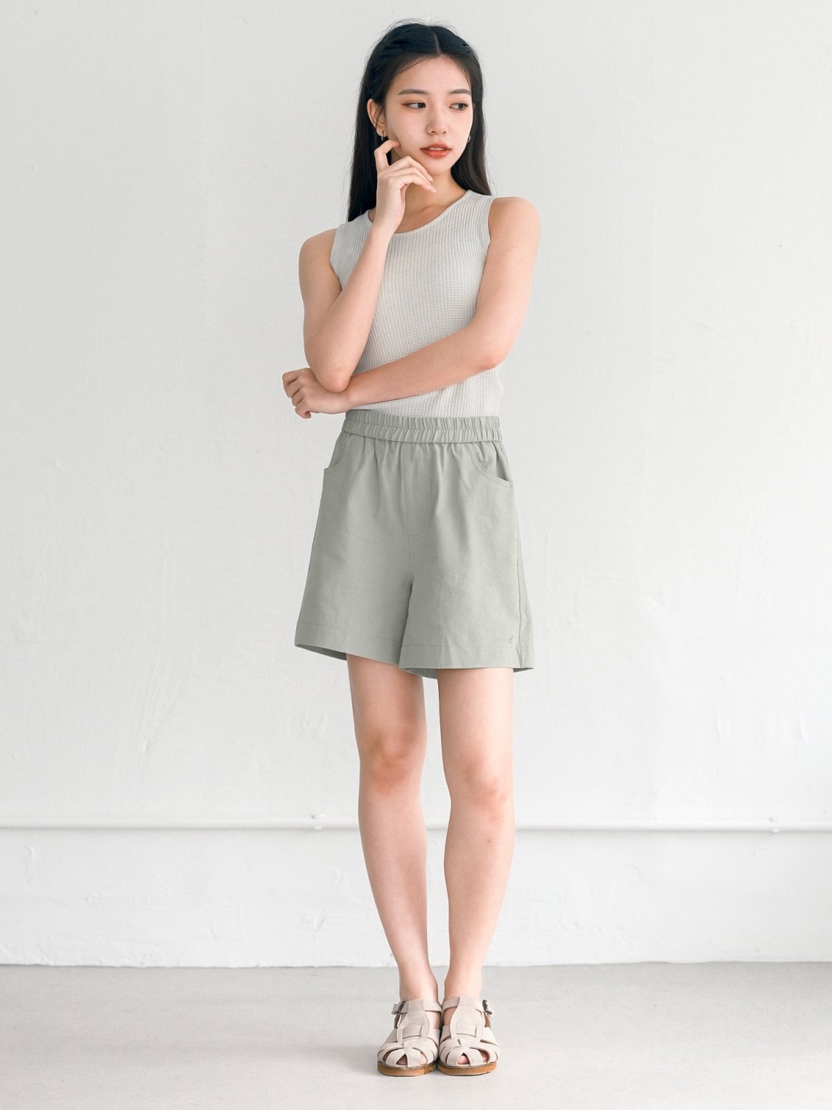 Hannah Elastic Cotton Shorts - DAG-G-220174GreyF - Stone Blue - F - D'ZAGE Designs