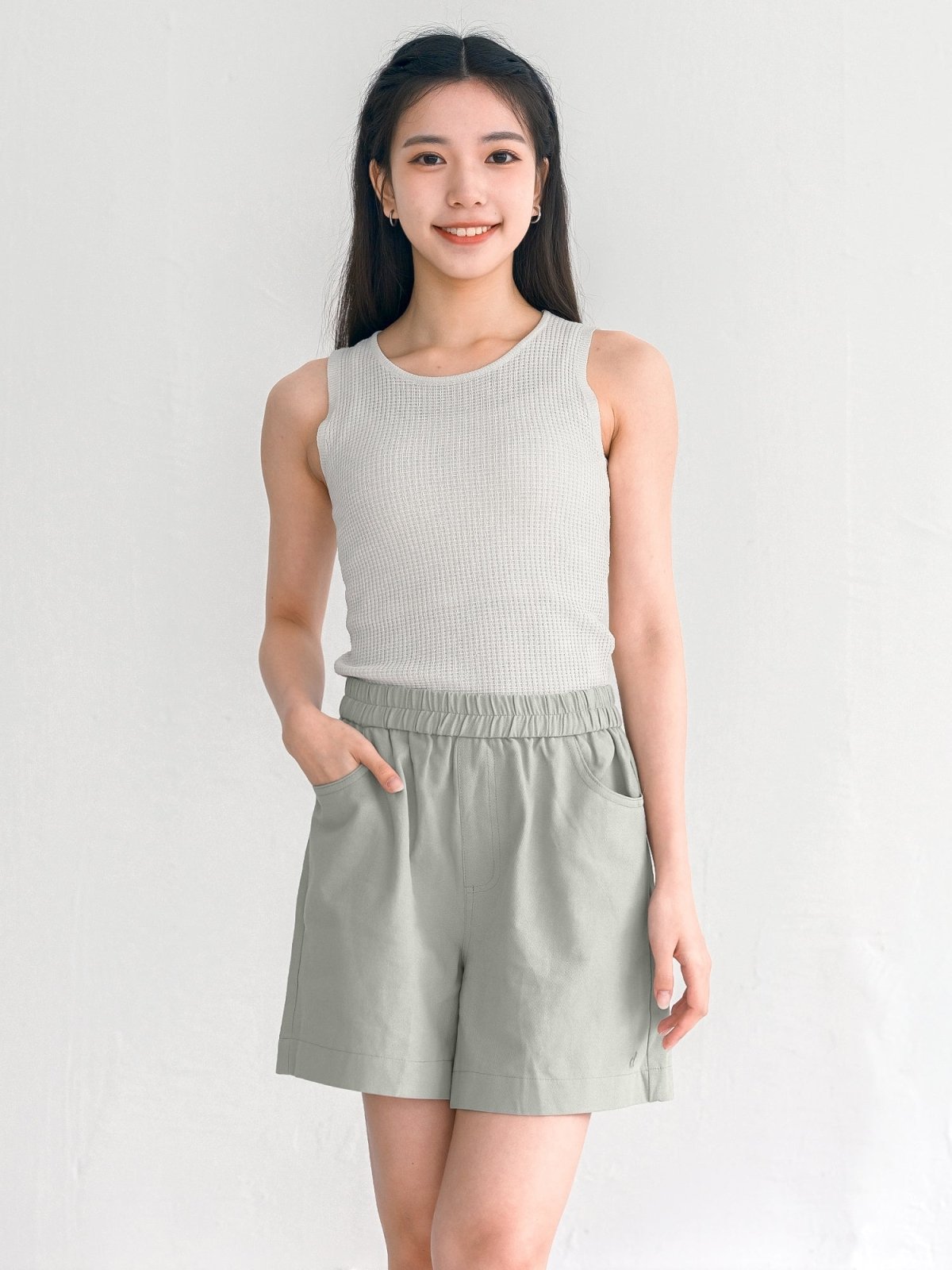 Hannah Elastic Cotton Shorts - DAG-G-220174GreyF - Stone Blue - F - D'ZAGE Designs