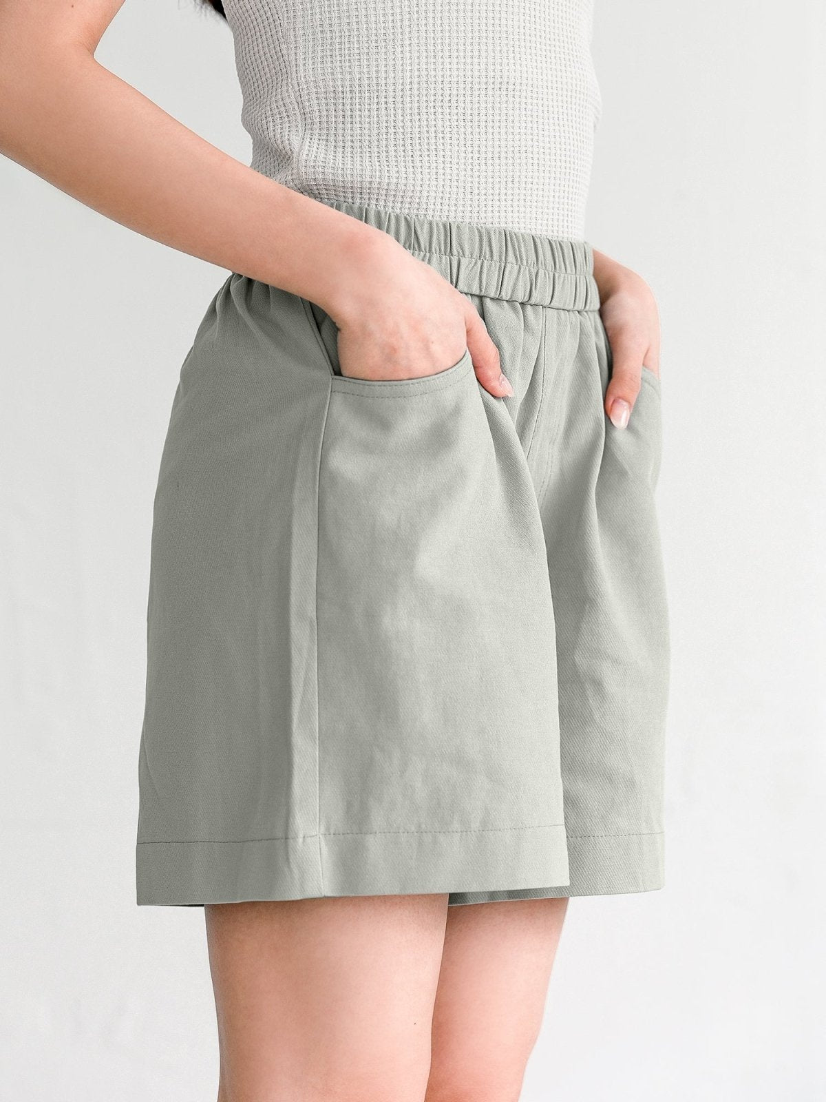 Hannah Elastic Cotton Shorts - DAG-G-220174GreyF - Stone Blue - F - D'ZAGE Designs