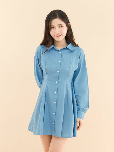 Fitted Chambray Shirt Dress - DAG-DD9045-22LightDenimS - Baby Blue - S - D'ZAGE Designs