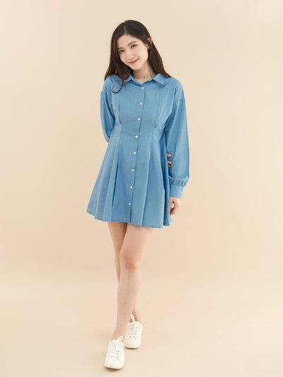 Fitted Chambray Shirt Dress - DAG-DD9045-22LightDenimS - Baby Blue - S - D'ZAGE Designs