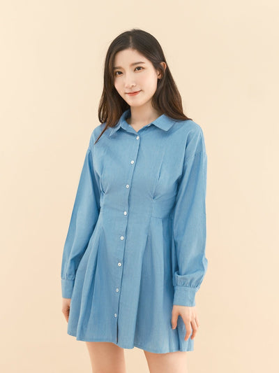 Fitted Chambray Shirt Dress - DAG-DD9045-22LightDenimS - Baby Blue - S - D'ZAGE Designs