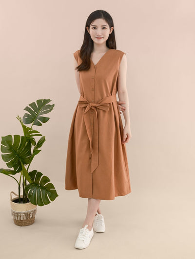 Ellie Tie-Front Pleated Midi Dress - DAG-DD9333-22BrickRedF - Sunset Orange - F - D'ZAGE Designs