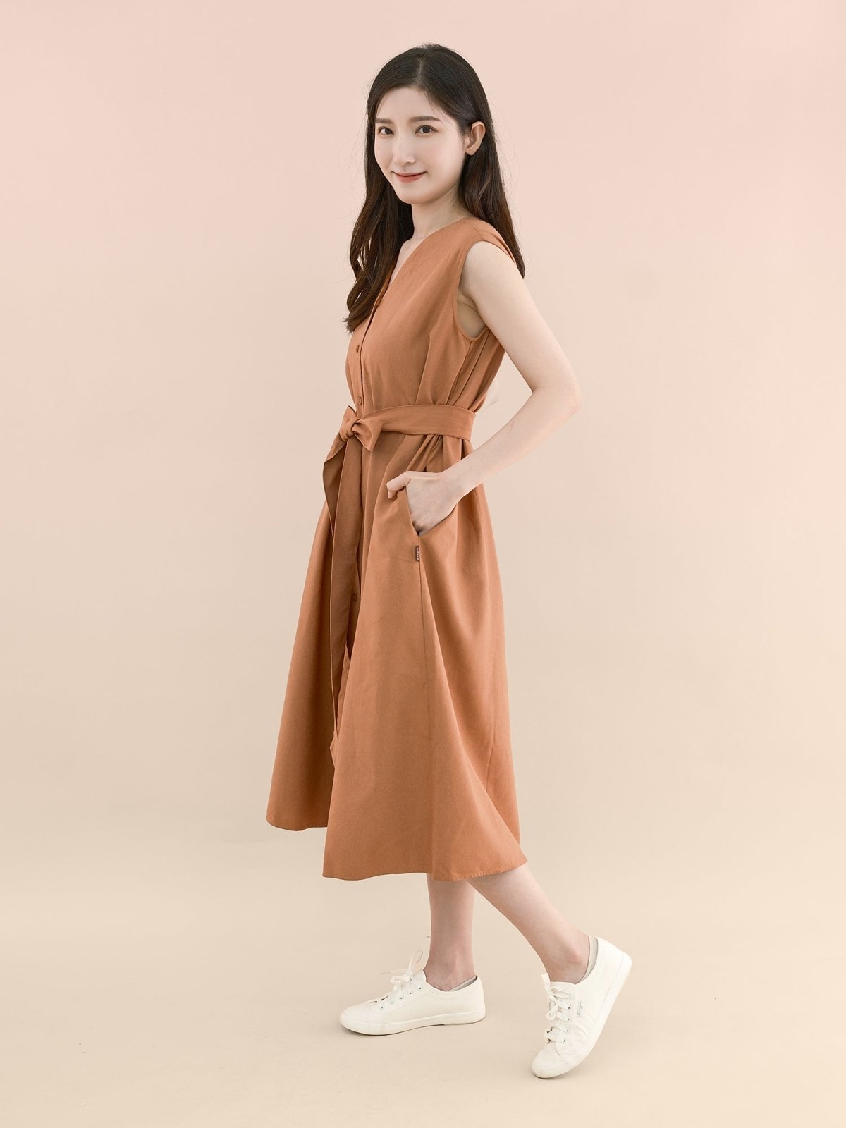 Ellie Tie-Front Pleated Midi Dress - DAG-DD9333-22BrickRedF - Sunset Orange - F - D'ZAGE Designs