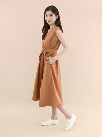 Ellie Tie-Front Pleated Midi Dress - DAG-DD9333-22BrickRedF - Sunset Orange - F - D'ZAGE Designs