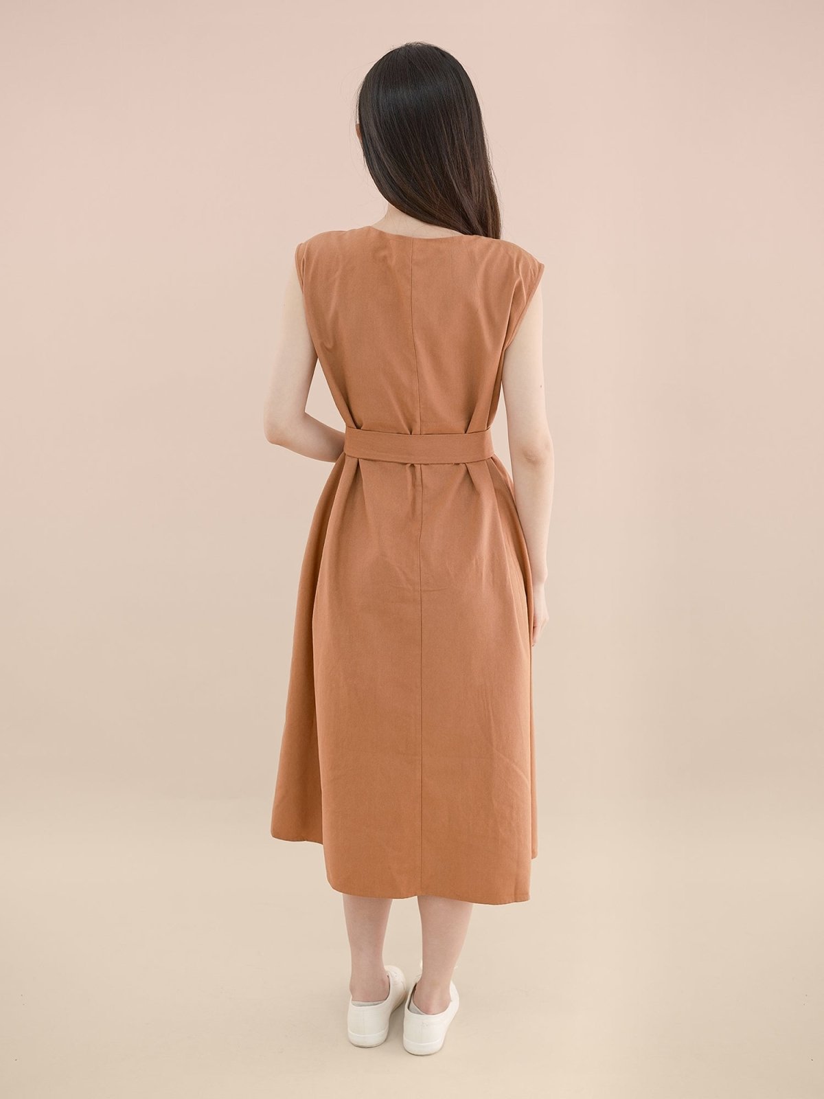 Ellie Tie-Front Pleated Midi Dress - DAG-DD9333-22BrickRedF - Sunset Orange - F - D'ZAGE Designs