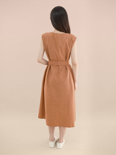 Ellie Tie-Front Pleated Midi Dress - DAG-DD9333-22BrickRedF - Sunset Orange - F - D'ZAGE Designs
