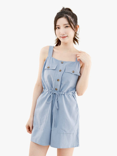 Freya Tie-Waist Button Front Romper - DAG-DD9334-22BabyBlueF - Baby Blue - F - D'ZAGE Designs