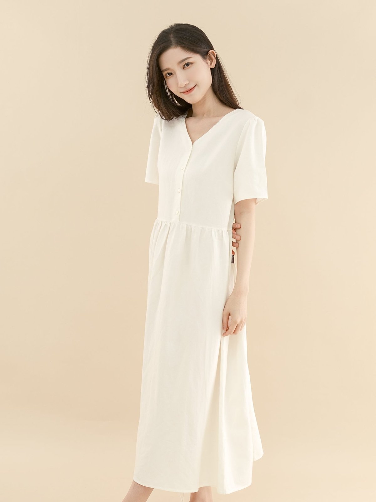 Layla Gathered Maxi Dress - DAG-DD9336-22MochiIvoryF - Mochi Ivory - F - D'ZAGE Designs
