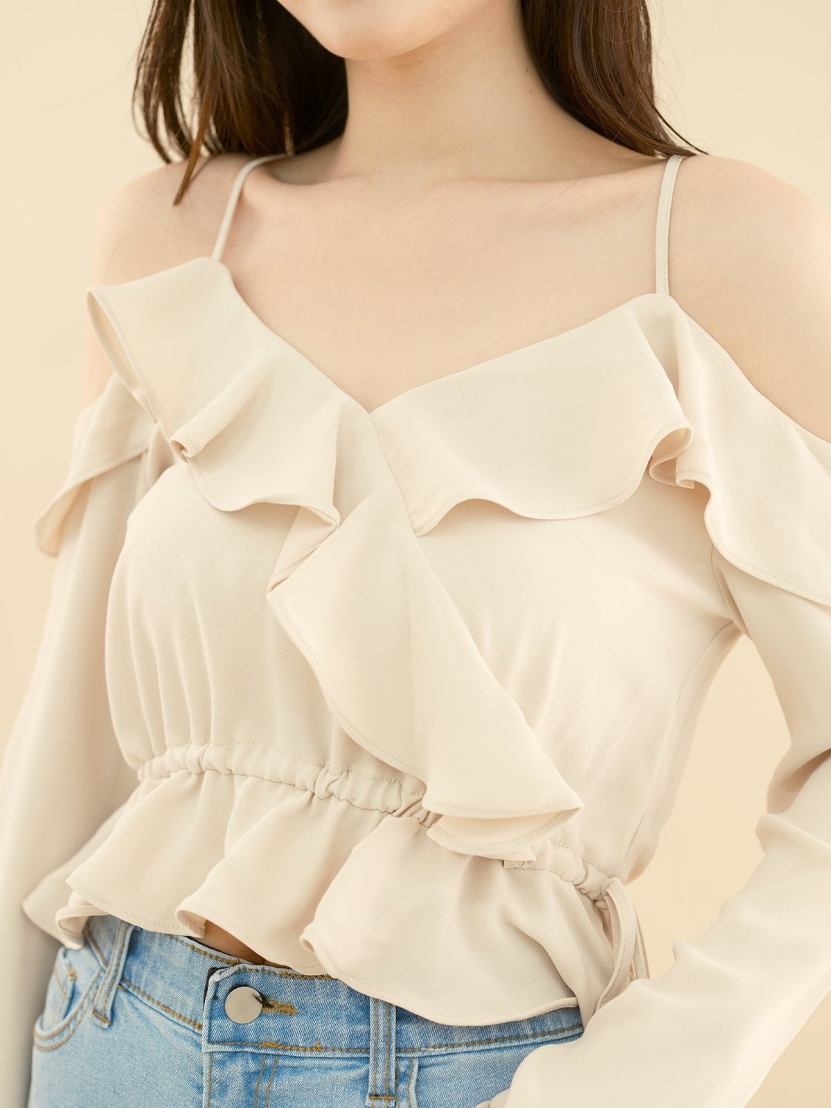 Cold Shoulder Blouse CHAMPAGNE - DAG-DD7837-21ChampagneS - Almond Cream - S - D'ZAGE Designs