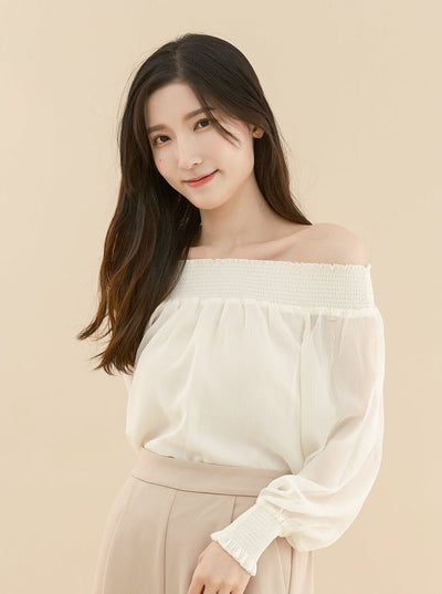 Long Sleeves Elastic Off-Shoulder Top IVORY - DAG-DD7846-21IvoryS - Mochi Ivory - S - D'ZAGE Designs