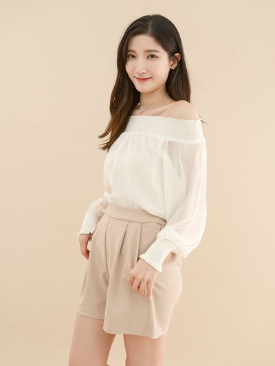 Long Sleeves Elastic Off-Shoulder Top IVORY - DAG-DD7846-21IvoryS - Mochi Ivory - S - D'ZAGE Designs