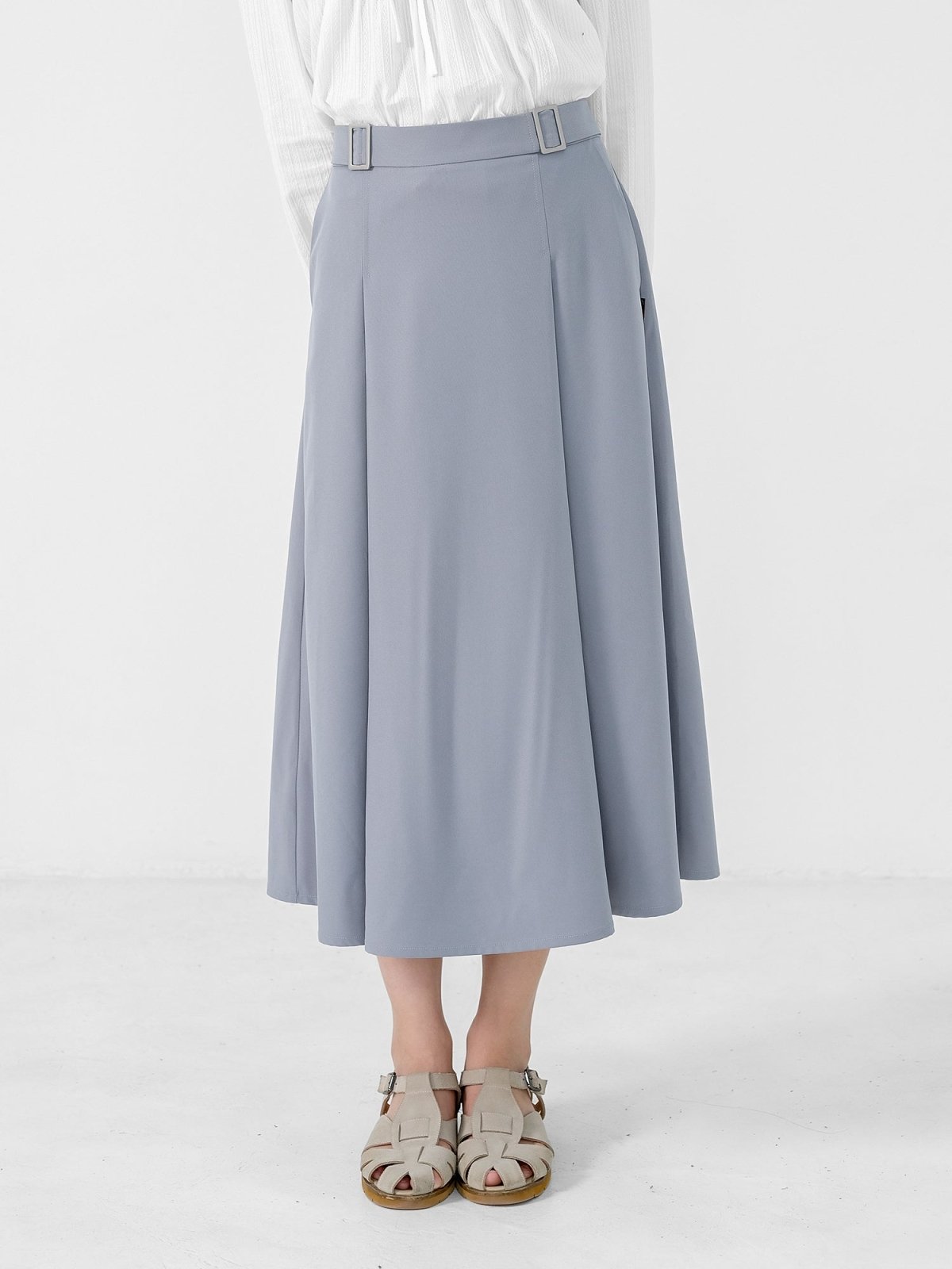 Marina Buckled A-line Midi Skirt - DAG-DD0833-23StoneBlueS - Stone Blue - S - D'ZAGE Designs