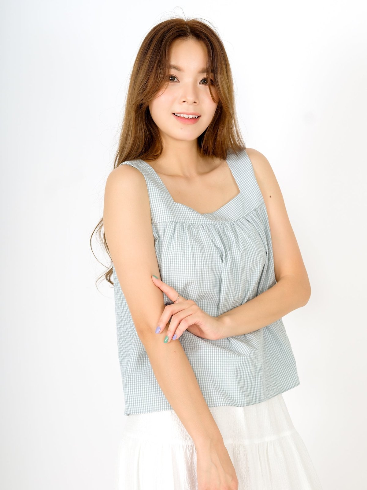 Ruth Flare Tie Back Sleeveless Top CHECKER - DAG-DD9480-22LtGreenGinghamF - Mint White Checkers - F - D'ZAGE Designs