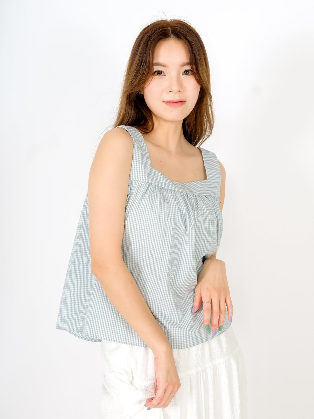 Ruth Flare Tie Back Sleeveless Top CHECKER - DAG-DD9480-22LtGreenGinghamF - Mint White Checkers - F - D'ZAGE Designs