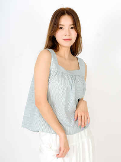 Ruth Flare Tie Back Sleeveless Top CHECKER - DAG-DD9480-22LtGreenGinghamF - Mint White Checkers - F - D'ZAGE Designs