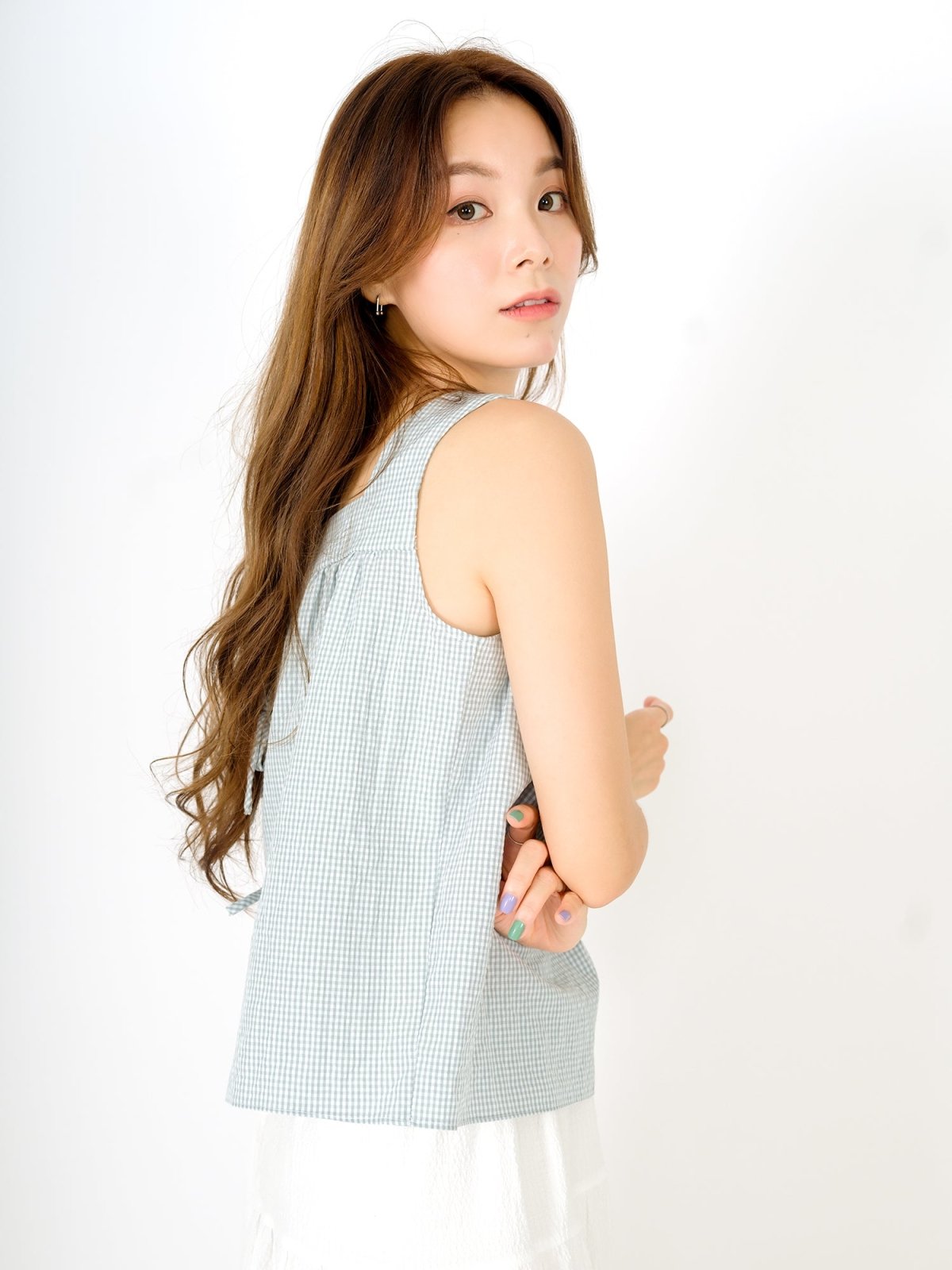 Ruth Flare Tie Back Sleeveless Top CHECKER - DAG-DD9480-22LtGreenGinghamF - Mint White Checkers - F - D'ZAGE Designs
