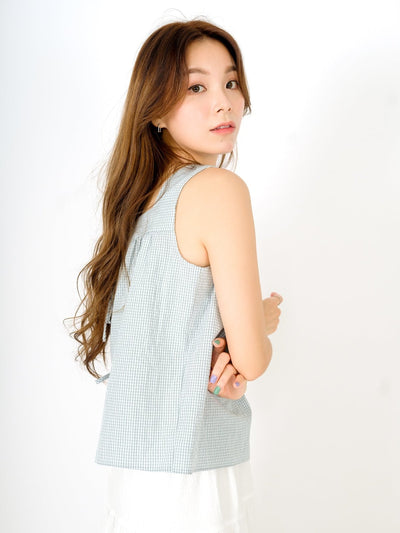 Ruth Flare Tie Back Sleeveless Top CHECKER - DAG-DD9480-22LtGreenGinghamF - Mint White Checkers - F - D'ZAGE Designs