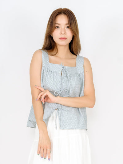 Ruth Flare Tie Back Sleeveless Top CHECKER - DAG-DD9480-22LtGreenGinghamF - Mint White Checkers - F - D'ZAGE Designs