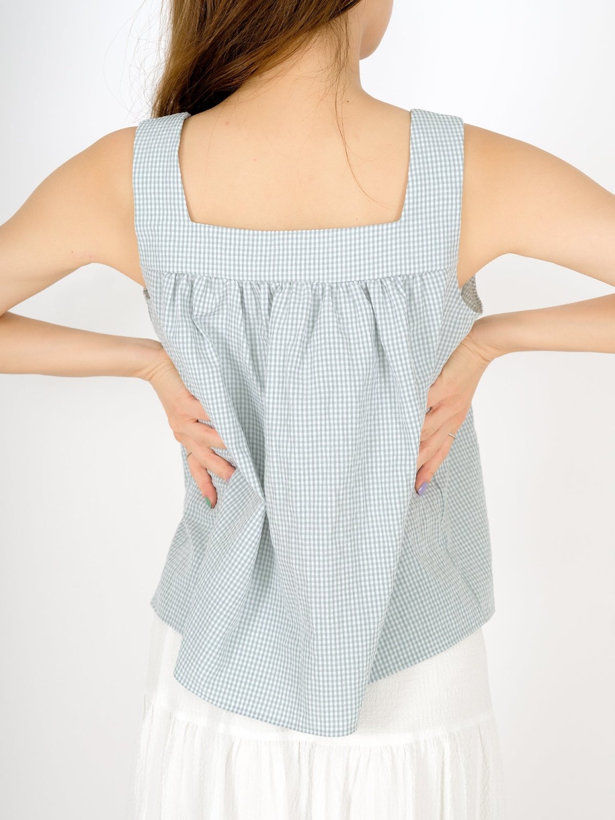 Ruth Flare Tie Back Sleeveless Top CHECKER - DAG-DD9480-22LtGreenGinghamF - Mint White Checkers - F - D'ZAGE Designs