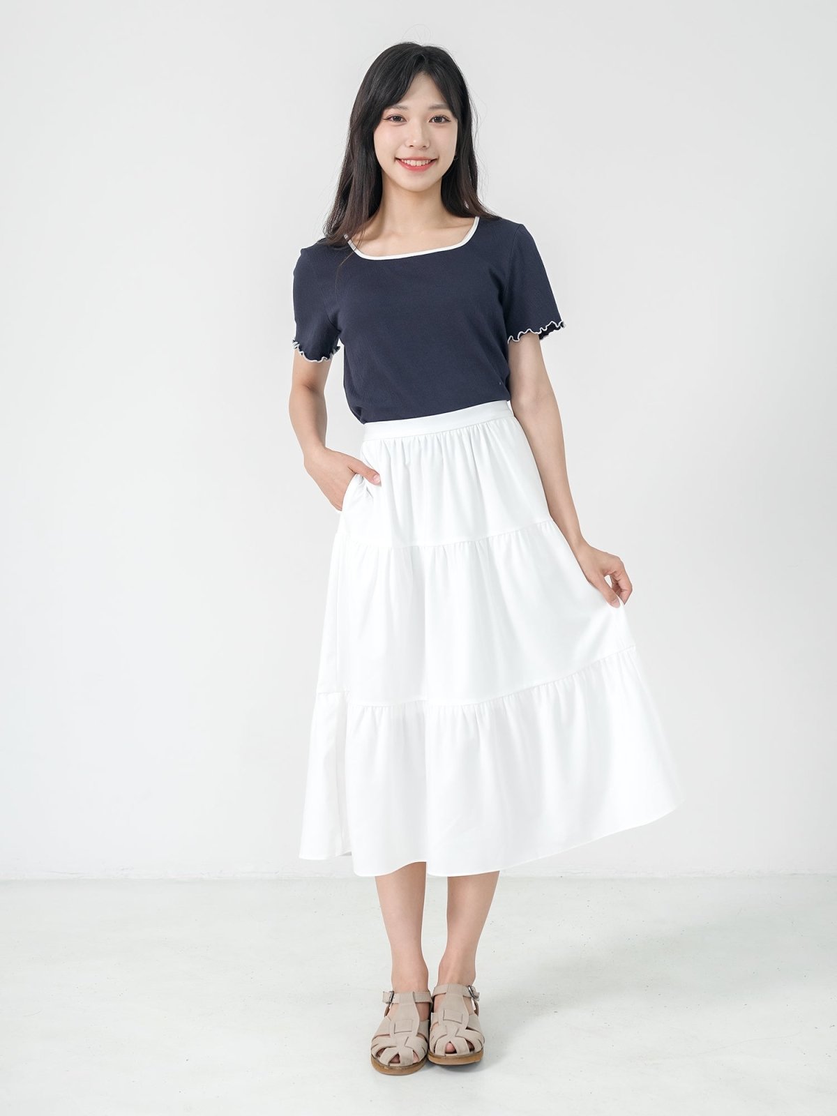 Rena Square Neck Contrast Hem Top - DAG-DD0841-23NavyS - Navy Blue - S - D'ZAGE Designs