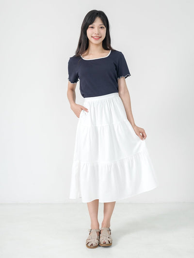 Rena Square Neck Contrast Hem Top - DAG-DD0841-23NavyS - Navy Blue - S - D'ZAGE Designs