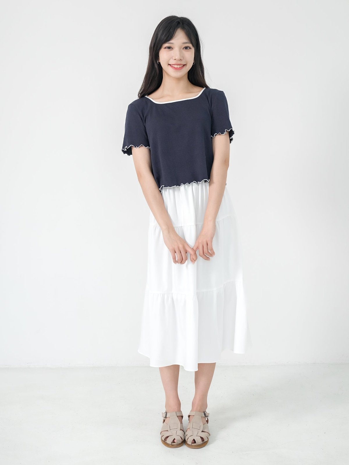 Rena Square Neck Contrast Hem Top - DAG-DD0841-23NavyS - Navy Blue - S - D'ZAGE Designs