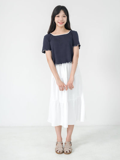 Rena Square Neck Contrast Hem Top - DAG-DD0841-23NavyS - Navy Blue - S - D'ZAGE Designs