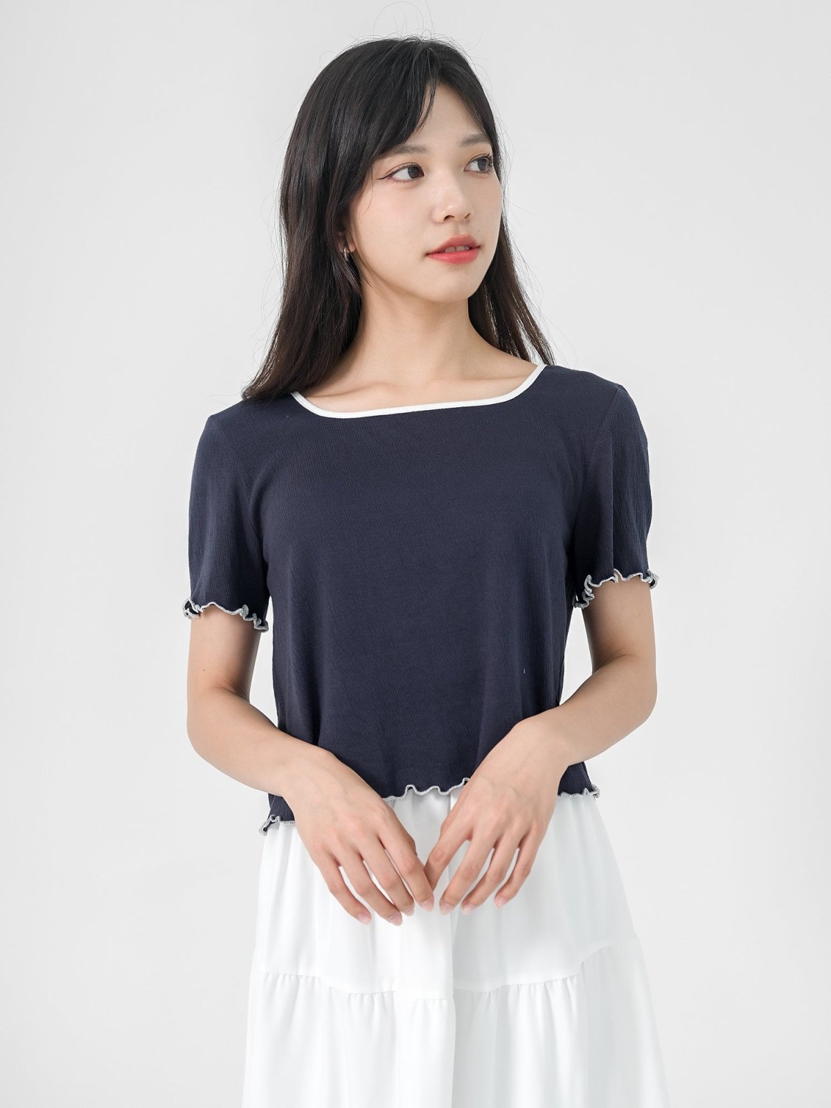 Rena Square Neck Contrast Hem Top - DAG-DD0841-23NavyS - Navy Blue - S - D'ZAGE Designs
