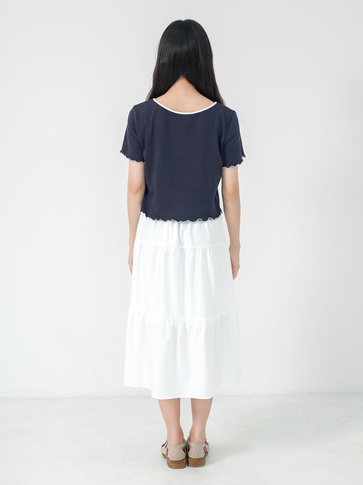 Rena Square Neck Contrast Hem Top - DAG-DD0841-23NavyS - Navy Blue - S - D'ZAGE Designs
