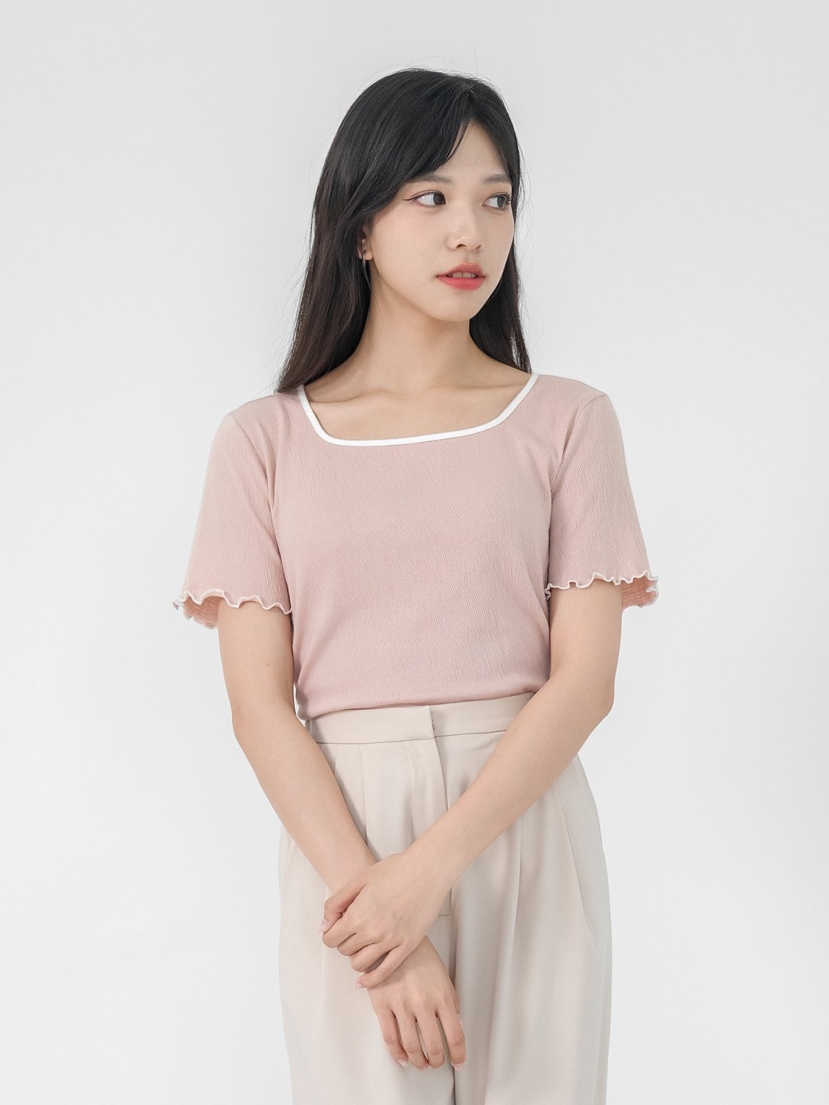 Rena Square Neck Contrast Hem Top - DAG-DD0841-23DustyPinkS - Dusty Pink - S - D'ZAGE Designs