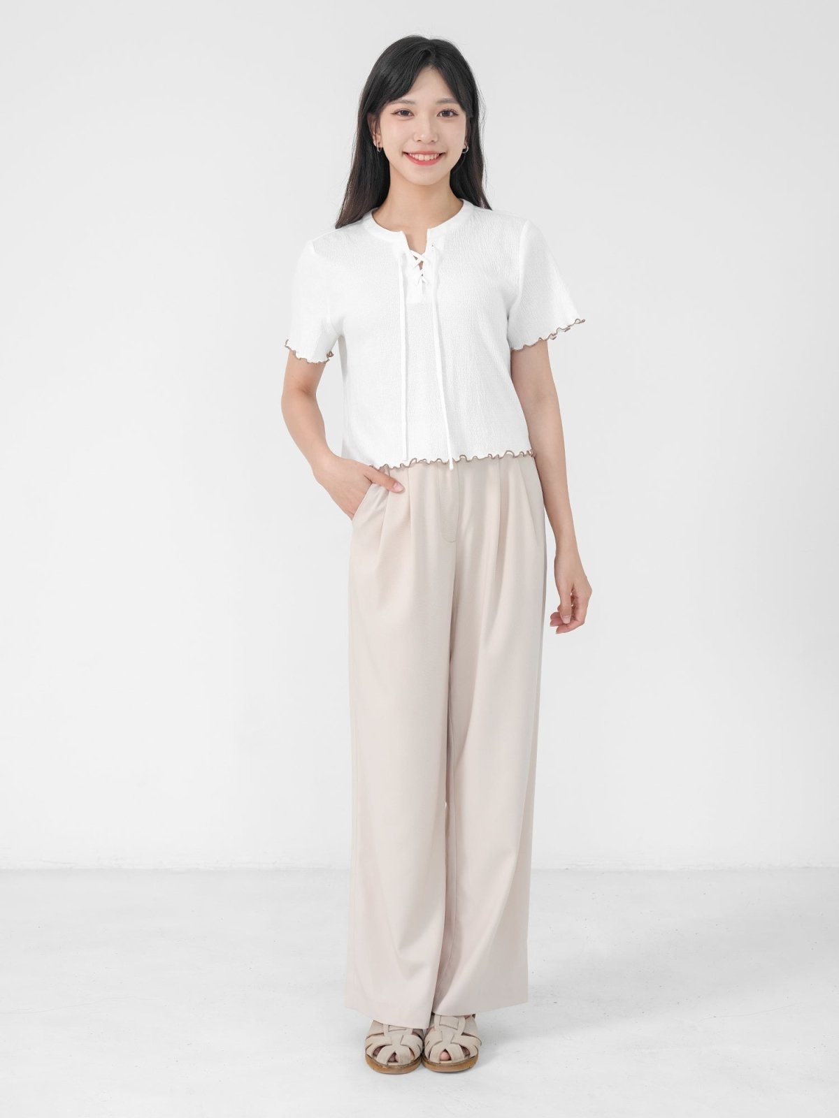 Linalette Lace Up Lettuce Hem Top - DAG-DD0829-23IvoryS - Ivory - S - D'ZAGE Designs