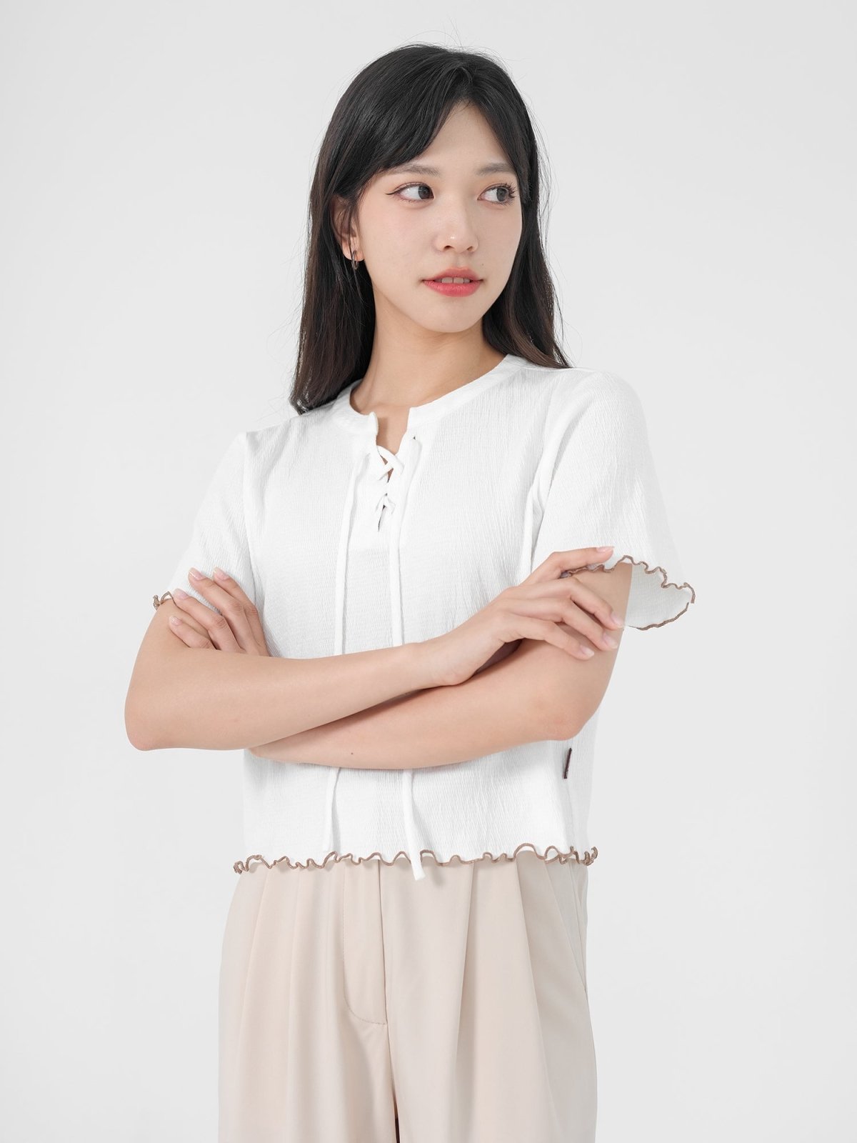 Linalette Lace Up Lettuce Hem Top - DAG-DD0829-23IvoryS - Ivory - S - D'ZAGE Designs