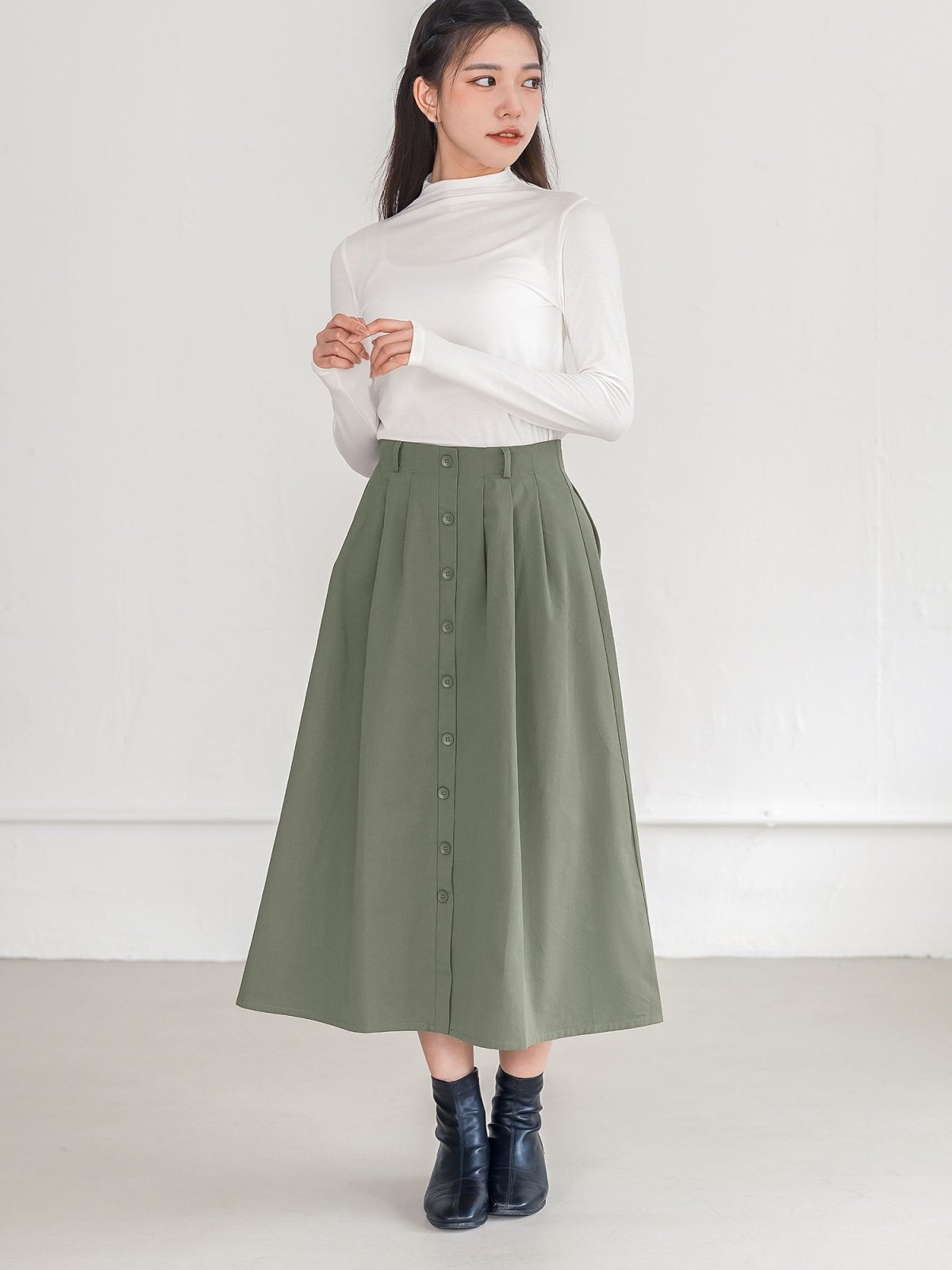 Bess Button Detail Midi Skirt - DAG-G-220090MatchaS - Forest Green - S - D'ZAGE Designs