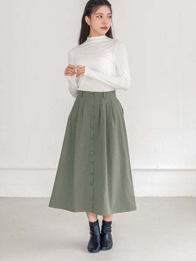 Bess Button Detail Midi Skirt - DAG-G-220090MatchaS - Forest Green - S - D'ZAGE Designs