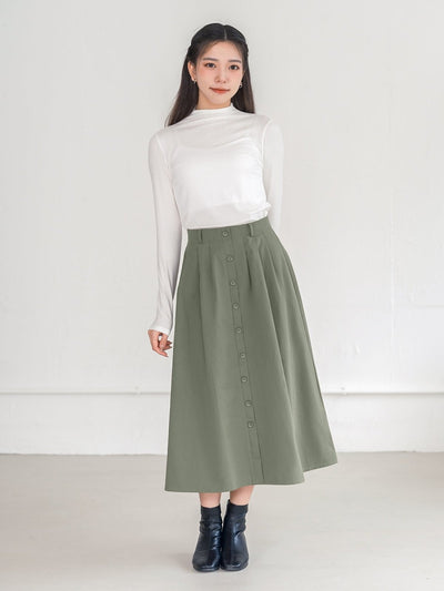Bess Button Detail Midi Skirt - DAG-G-220090MatchaS - Forest Green - S - D'ZAGE Designs