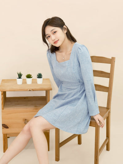 Square Neck Pintuck Mini Dress - DAG-DD9049-22LightBlueF - Baby Blue - F - D'ZAGE Designs