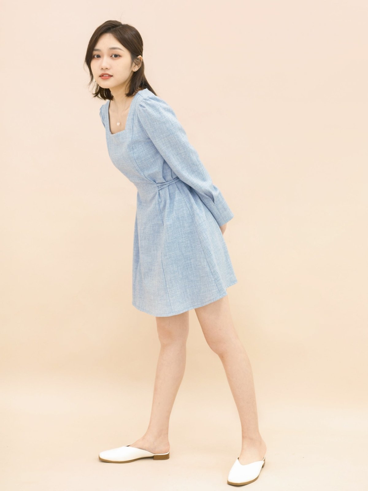 Square Neck Pintuck Mini Dress - DAG-DD9049-22LightBlueF - Baby Blue - F - D'ZAGE Designs