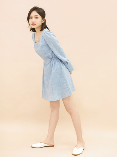 Square Neck Pintuck Mini Dress - DAG-DD9049-22LightBlueF - Baby Blue - F - D'ZAGE Designs