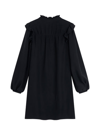 Ruffle-Trim Frill-Neck Dress BLACK - DAG-DD7838-2BlackS - Black - S - D'ZAGE Designs