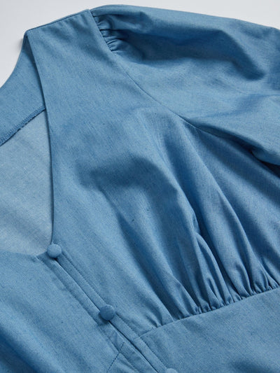 V-neck Pleated Mini Dress - DAG-DD9148-22LightDenimS - Baby Blue - S - D'ZAGE Designs