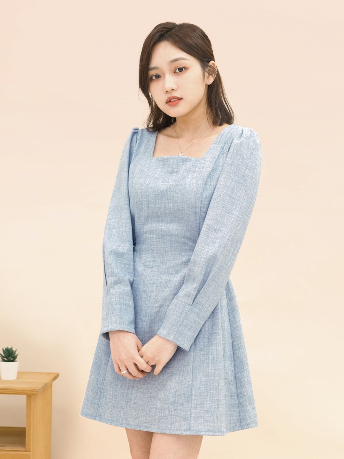 Square Neck Pintuck Mini Dress - DAG-DD9049-22LightBlueF - Baby Blue - F - D'ZAGE Designs