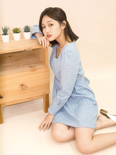 Square Neck Pintuck Mini Dress - DAG-DD9049-22LightBlueF - Baby Blue - F - D'ZAGE Designs