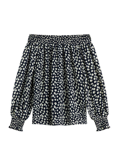 Long Sleeves Elastic Off-Shoulder Top PRINT